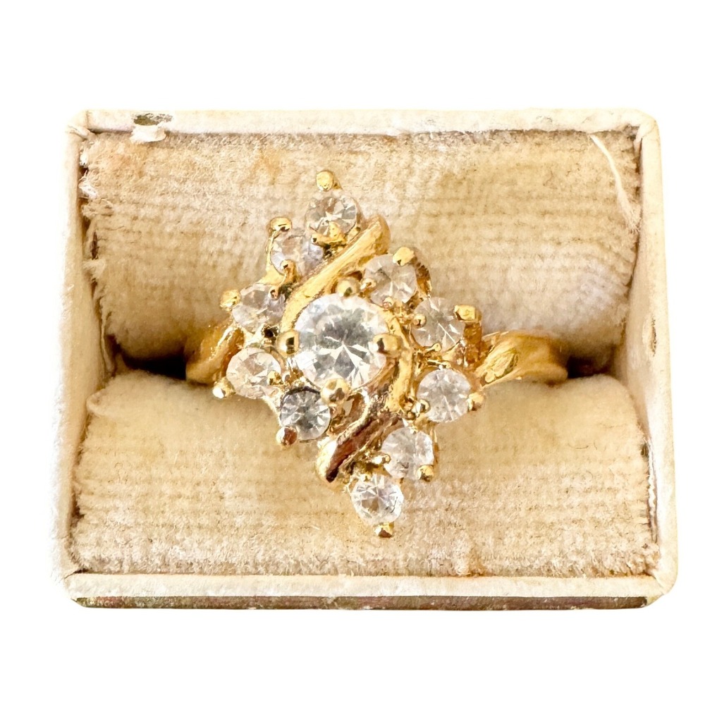 Vintage 1980s CZ Cluster Cocktail Ring 18kt Gold Plated Sparkly Party Size 9